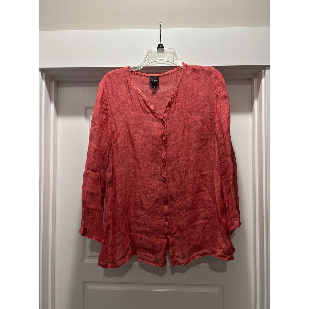 Eileen Fisher Womens Red 100% Italian Linen Button Front Long Sleeve Blouse M